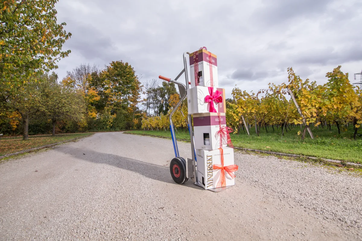 Sackkarre mit Weinkartons und roten Geschenkschleifen vor den Weinbergen