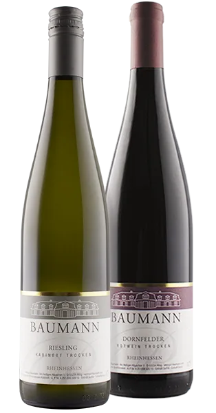 Je eine Flasche Riesling und Dornfelder vom Weingut Baumann