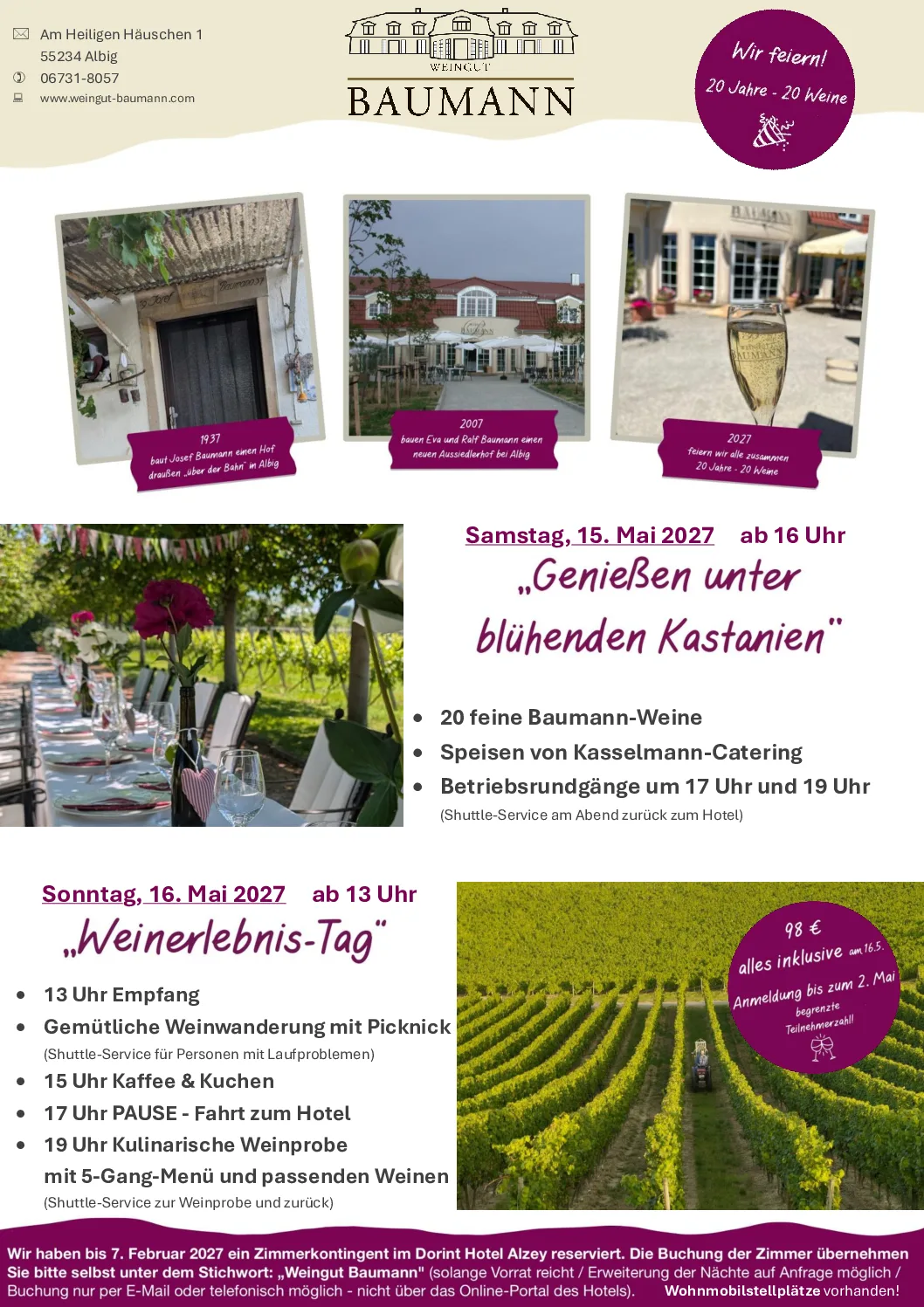 Flyer Hoffest 2027: Samstag, 15. Mai ab 16 Uhr „Genießen unter blühenden Kastanien“, Sonntag, 16. Mai ab 13 Uhr „Weinerlebnis-Tag“